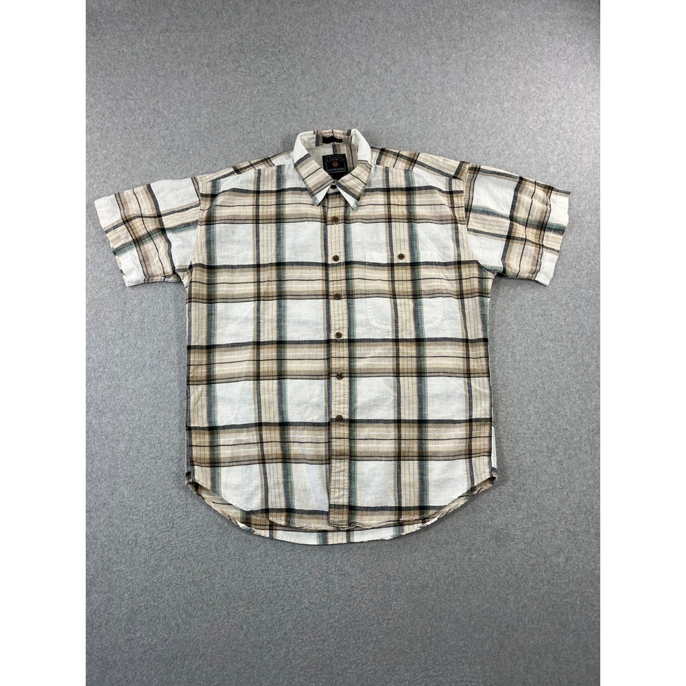 Vintage Chaps Ralph Lauren Shirt Mens L Brown White Linen Blend Button Down